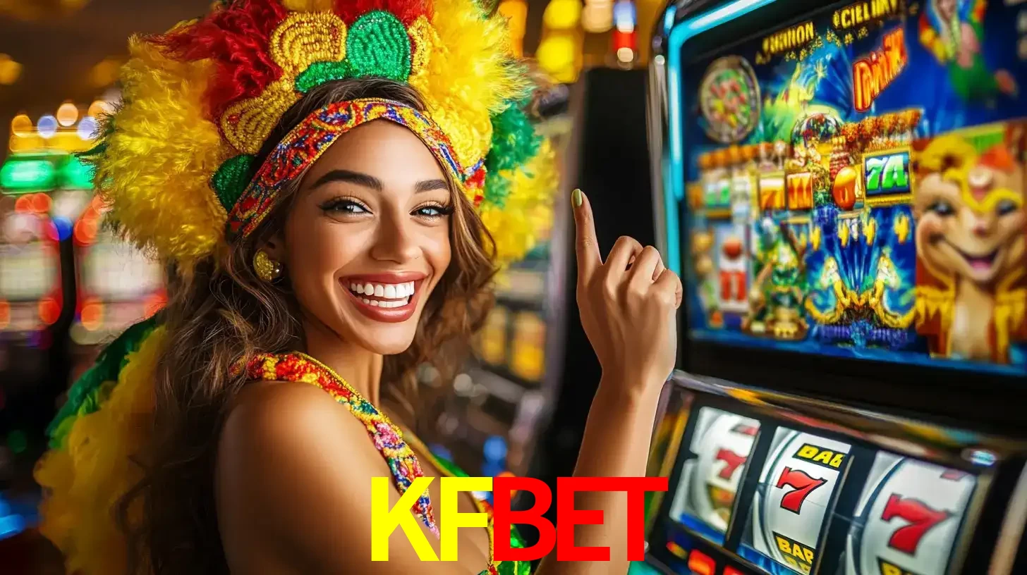 Mulher animada com um cocar de carnaval apontando para uma máquina de caça-níqueis, mostrando a emoção de ganhar um grande prêmio nos jogos do KFBET.