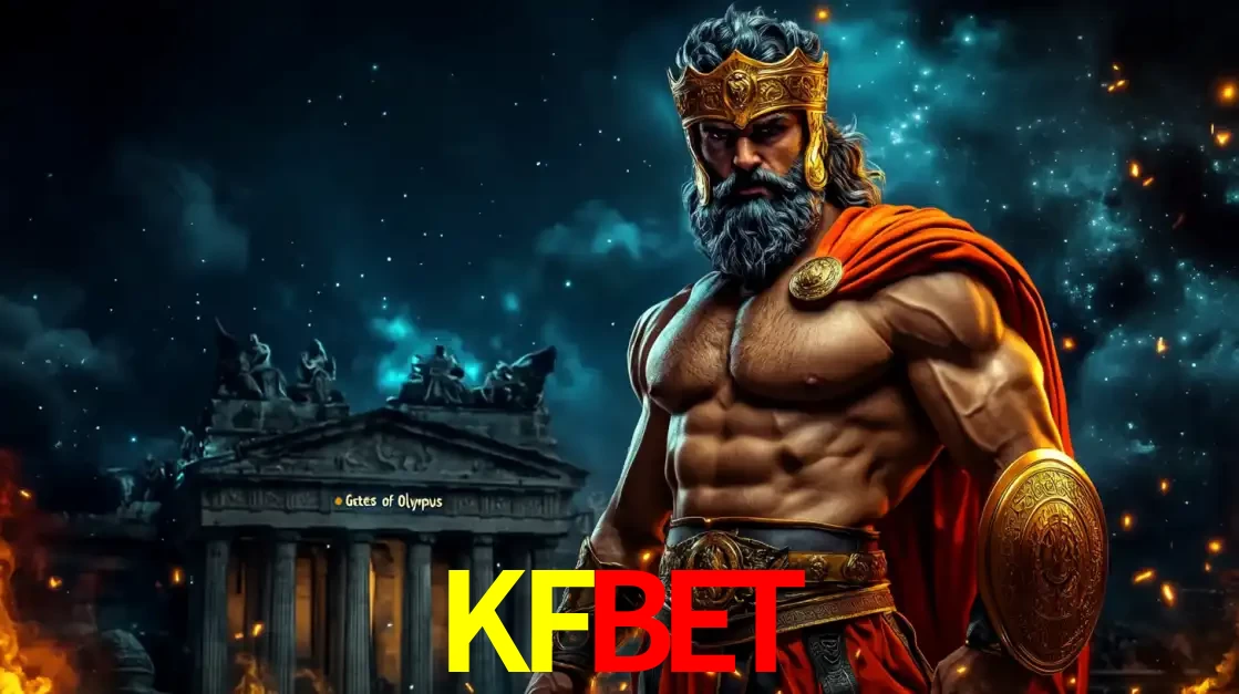 O poderoso Zeus do jogo de slot Gates of Olympus em frente ao seu templo, pronto para lançar multiplicadores divinos e prêmios épicos no cassino online KFBET.