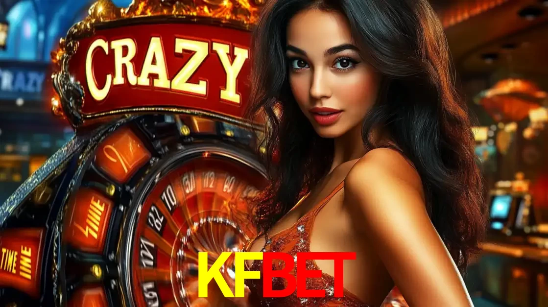 Mulher glamourosa olhando para a câmera com a roda vermelha do Crazy Time ao fundo em um ambiente de cassino, destacando a emoção dos jogos ao vivo no KFBET.